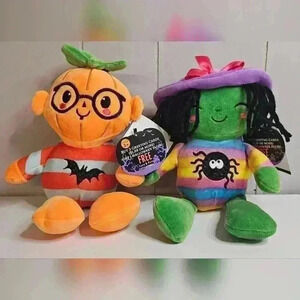 NWT 2 Halloween 11" Plush Friends Witch and Pumpkin, Green Orange